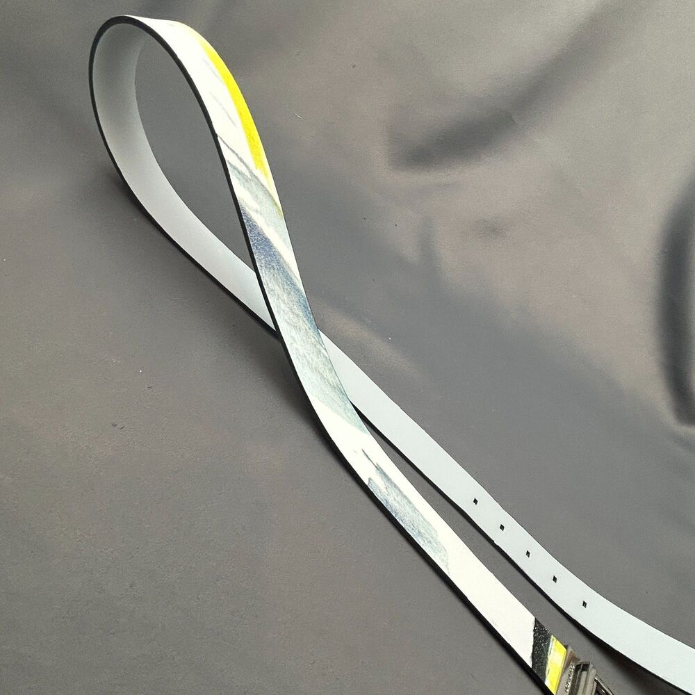 Calvin Klein Leather 1.25" White Yellow Graphic Belt Size L Silver Tone Buckle - Picture 10 of 16